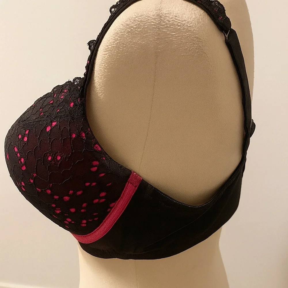Cacique Black & Pink Lace Underwire Bra 42C • Lined Cups - Picture 4 of 6